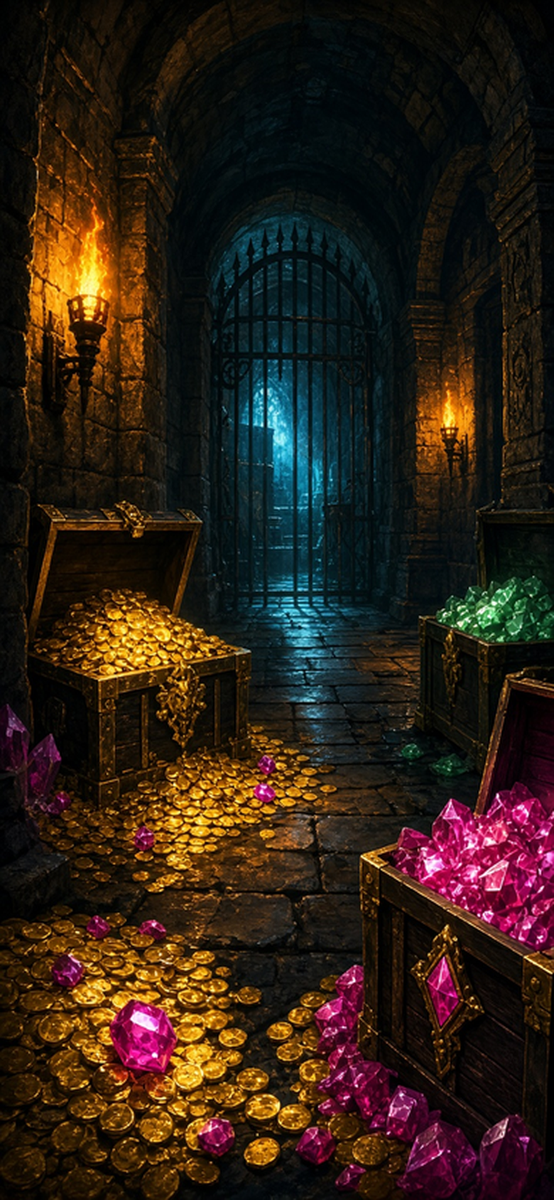 Royal treasury vault with golden coins and crown jewels